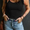 Online Dear-Lover Ruffled Wide Straps Slim Tank Top Black