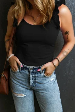 Online Dear-Lover Ruffled Wide Straps Slim Tank Top Black