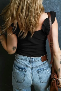 Online Dear-Lover Ruffled Wide Straps Slim Tank Top Black