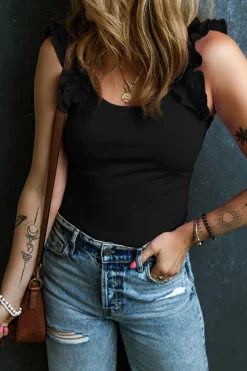 Online Dear-Lover Ruffled Wide Straps Slim Tank Top Black