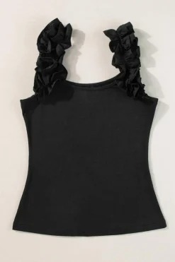 Online Dear-Lover Ruffled Wide Straps Slim Tank Top Black