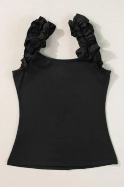 Online Dear-Lover Ruffled Wide Straps Slim Tank Top Black