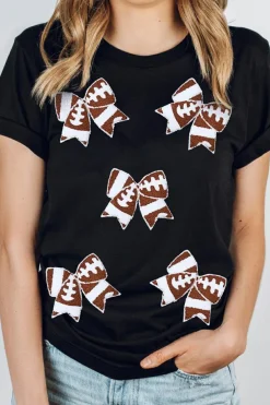 Clearance Dear-Lover Rugby Football Bowknot Pattern Game Day T Shirt Black