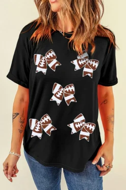 Clearance Dear-Lover Rugby Football Bowknot Pattern Game Day T Shirt Black