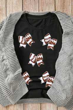 Clearance Dear-Lover Rugby Football Bowknot Pattern Game Day T Shirt Black