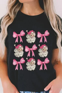 Fashion Dear-Lover Santa Claus Bow Knot Christmas Graphic T Shirt Black