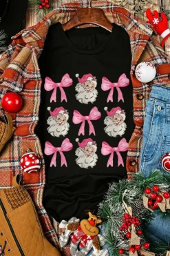Fashion Dear-Lover Santa Claus Bow Knot Christmas Graphic T Shirt Black