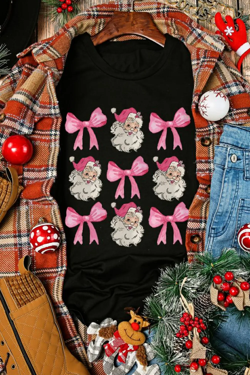 Fashion Dear-Lover Santa Claus Bow Knot Christmas Graphic T Shirt Black