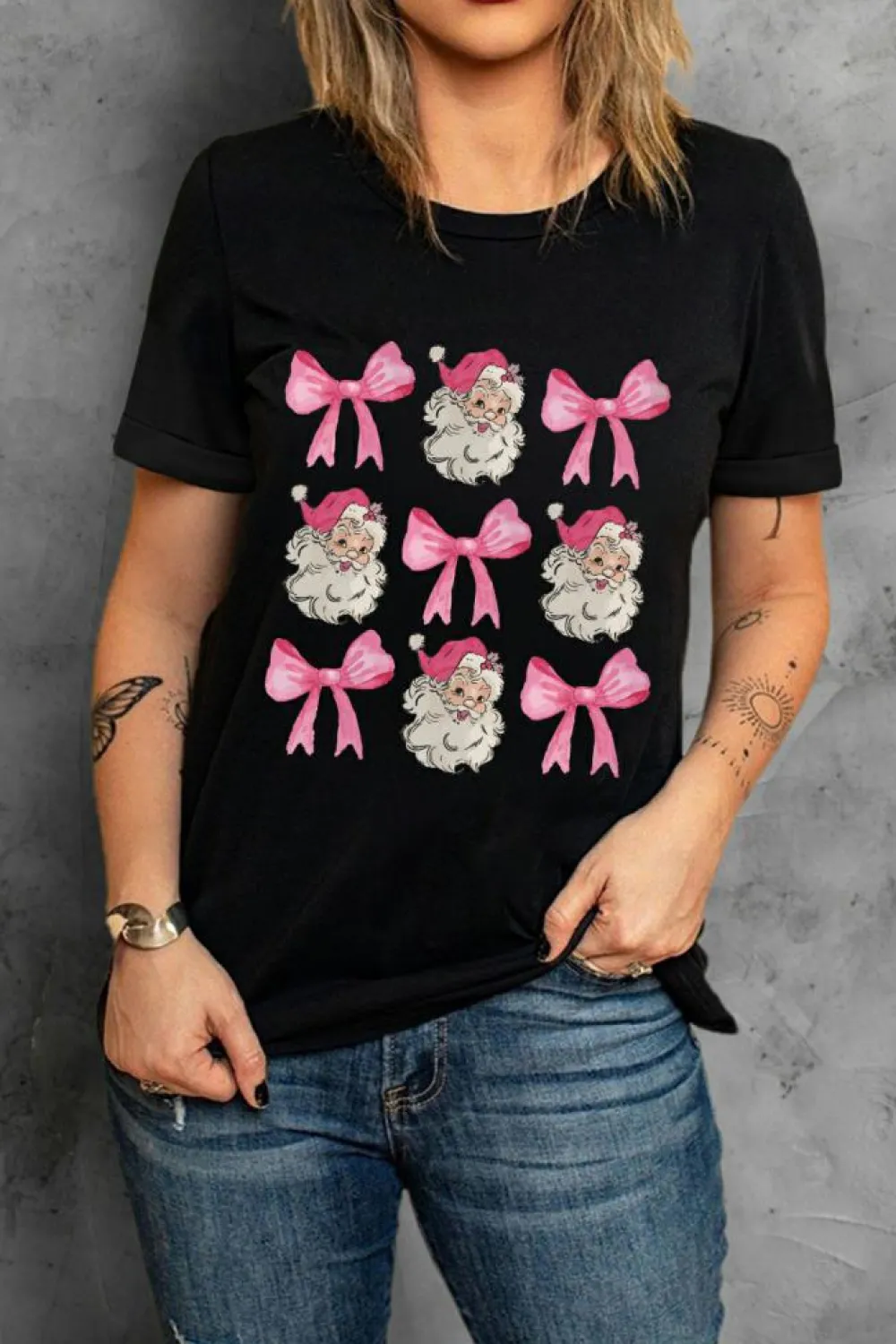 Fashion Dear-Lover Santa Claus Bow Knot Christmas Graphic T Shirt Black