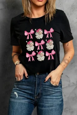 Fashion Dear-Lover Santa Claus Bow Knot Christmas Graphic T Shirt Black