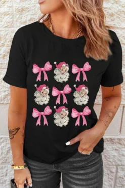 Fashion Dear-Lover Santa Claus Bow Knot Christmas Graphic T Shirt Black