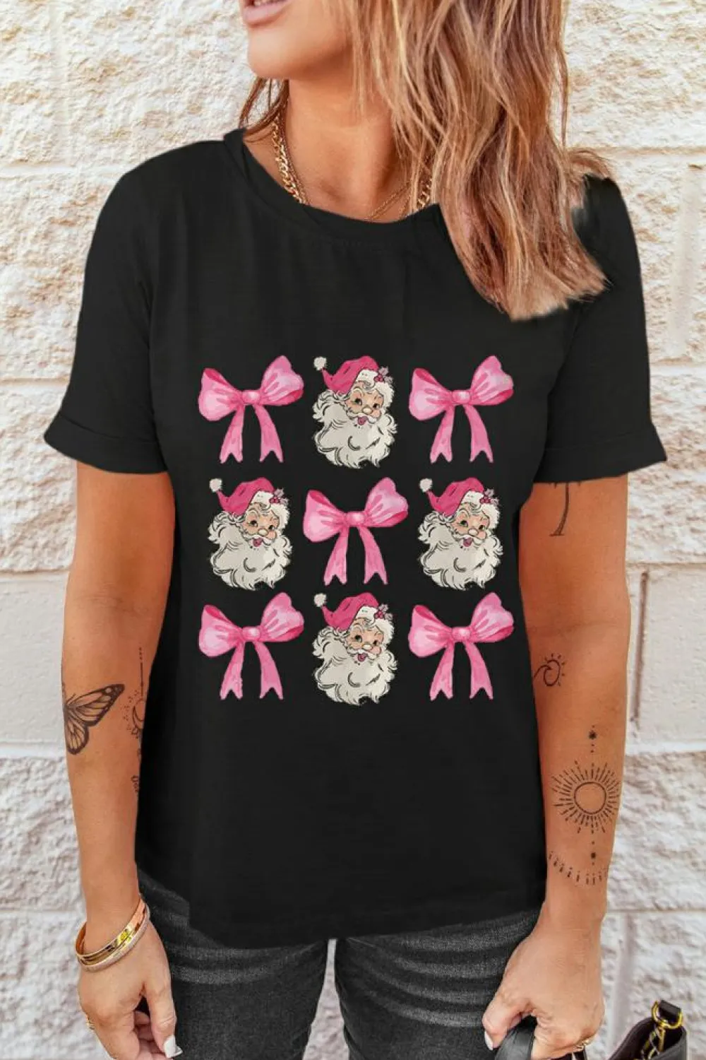 Fashion Dear-Lover Santa Claus Bow Knot Christmas Graphic T Shirt Black