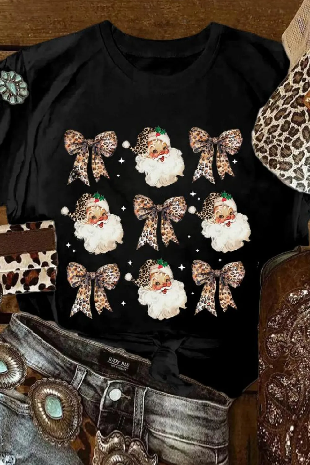 Hot Dear-Lover Santa Claus Leopard Bow Print Crew Neck Casual T Shirt Black