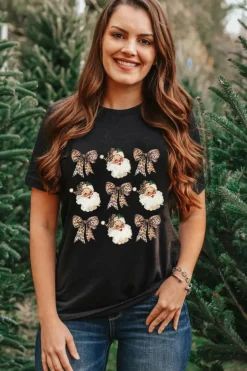 Hot Dear-Lover Santa Claus Leopard Bow Print Crew Neck Casual T Shirt Black