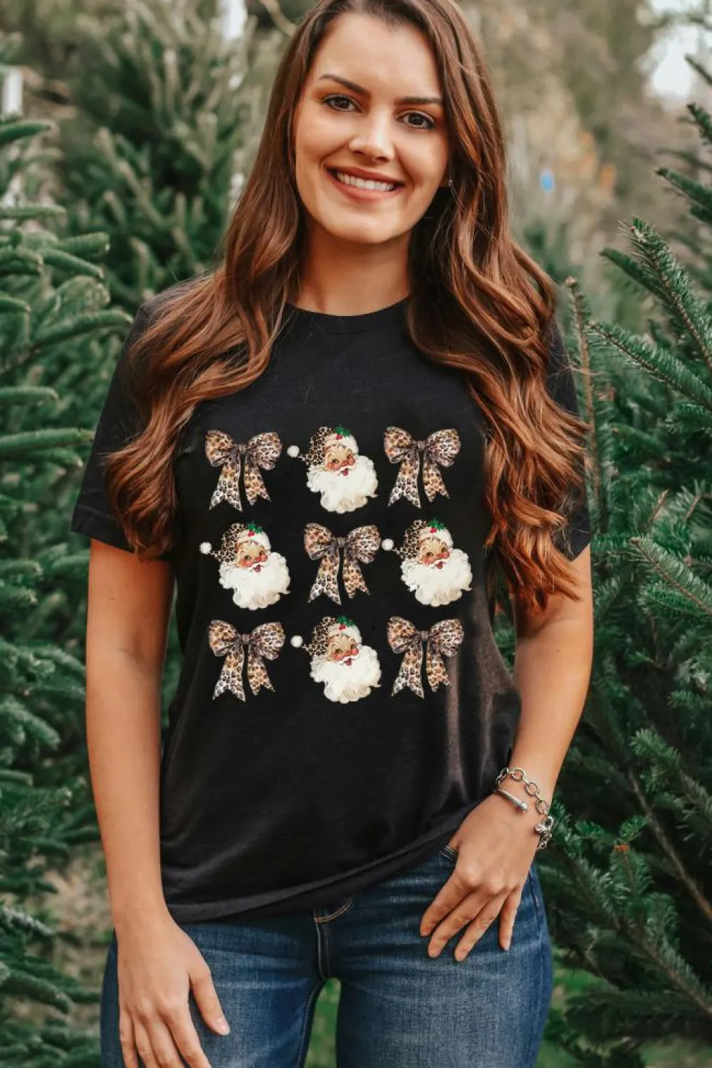 Hot Dear-Lover Santa Claus Leopard Bow Print Crew Neck Casual T Shirt Black