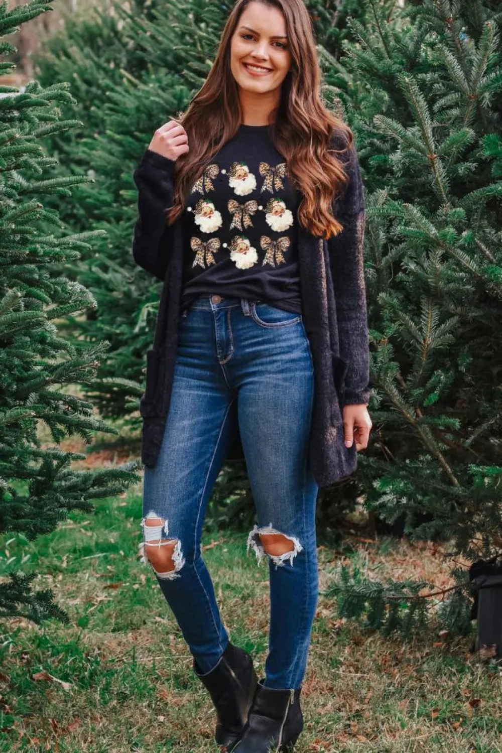 Hot Dear-Lover Santa Claus Leopard Bow Print Crew Neck Casual T Shirt Black