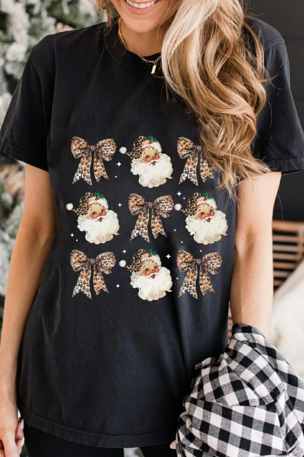 Hot Dear-Lover Santa Claus Leopard Bow Print Crew Neck Casual T Shirt Black