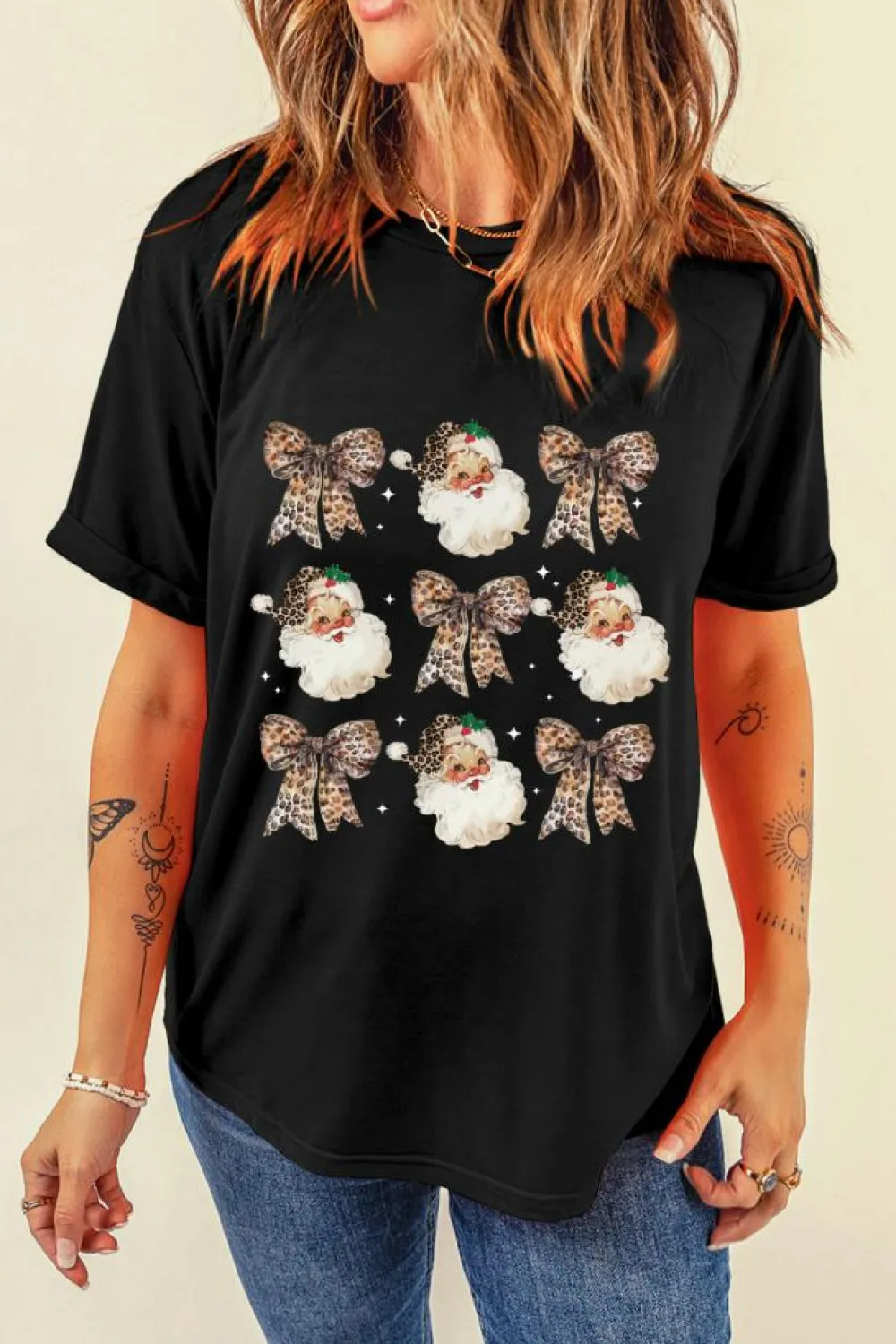 Hot Dear-Lover Santa Claus Leopard Bow Print Crew Neck Casual T Shirt Black