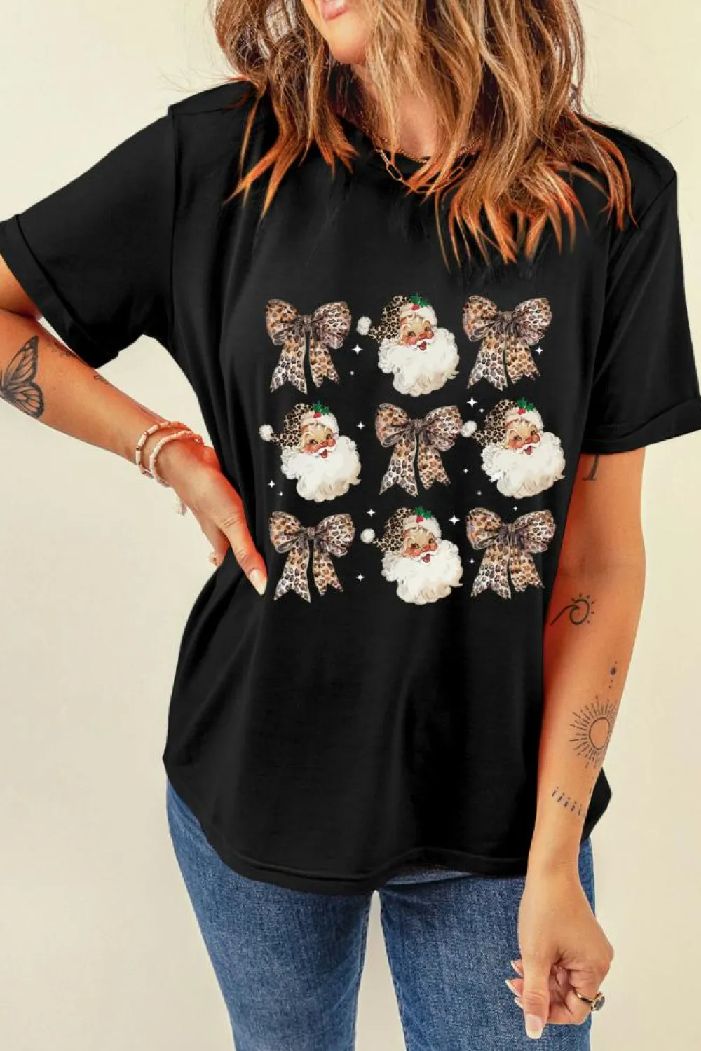 Hot Dear-Lover Santa Claus Leopard Bow Print Crew Neck Casual T Shirt Black