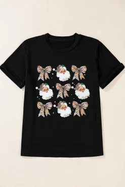 Hot Dear-Lover Santa Claus Leopard Bow Print Crew Neck Casual T Shirt Black