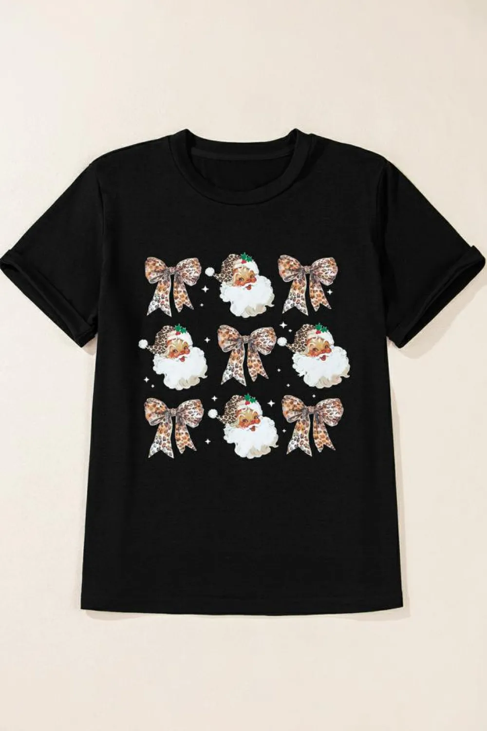 Hot Dear-Lover Santa Claus Leopard Bow Print Crew Neck Casual T Shirt Black