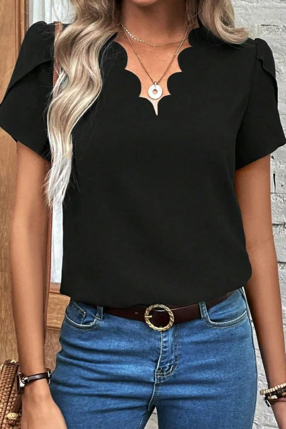 Online Dear-Lover Scalloped V Neckline Petal Sleeve Top Black