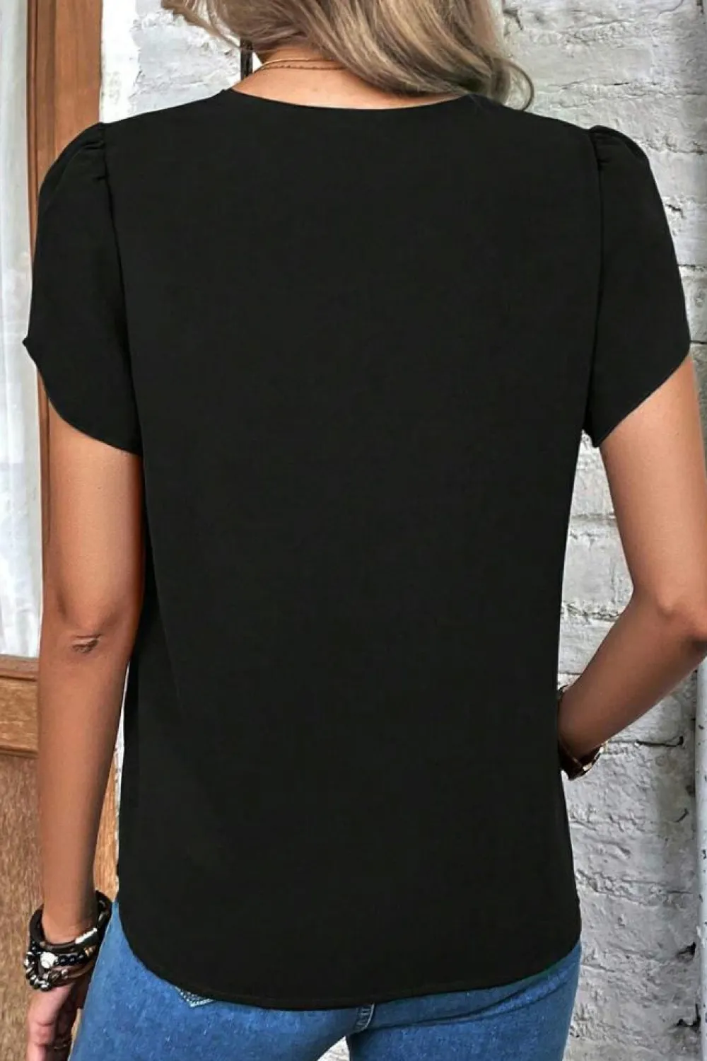 Online Dear-Lover Scalloped V Neckline Petal Sleeve Top Black