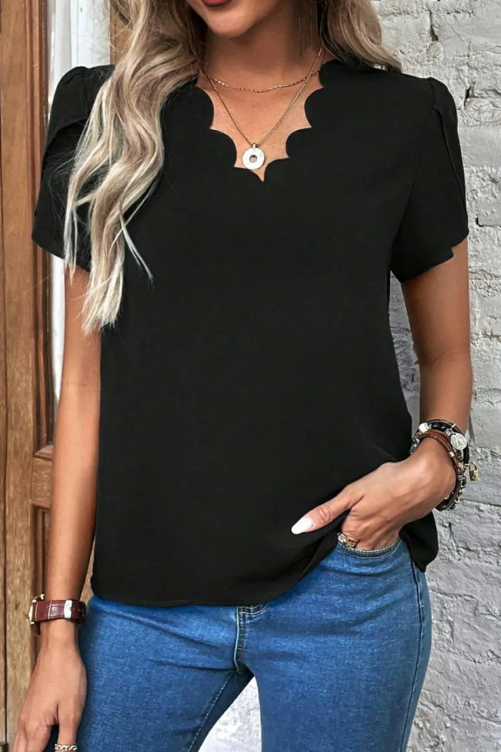 Online Dear-Lover Scalloped V Neckline Petal Sleeve Top Black