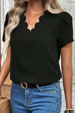 Online Dear-Lover Scalloped V Neckline Petal Sleeve Top Black