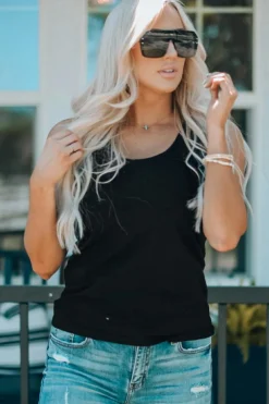 Fashion Dear-Lover Scoop Neck Basic Solid Tank Top Black