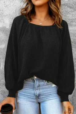 Online Dear-Lover Scoop Neck Puff Sleeve Waffle Knit Top Black