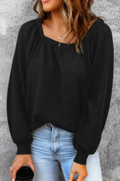 Online Dear-Lover Scoop Neck Puff Sleeve Waffle Knit Top Black