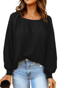 Online Dear-Lover Scoop Neck Puff Sleeve Waffle Knit Top Black