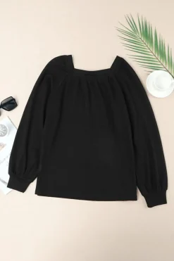 Online Dear-Lover Scoop Neck Puff Sleeve Waffle Knit Top Black