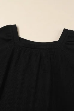 Online Dear-Lover Scoop Neck Puff Sleeve Waffle Knit Top Black