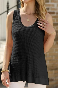 Best Dear-Lover Scoop Neck Waffle Knit Flowy Vest Black