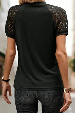 Discount Dear-Lover Seamed Detail Contrast Lace Raglan Sleeve Tee Black