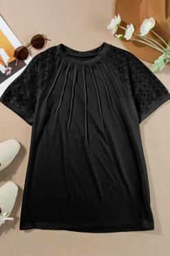 Discount Dear-Lover Seamed Detail Contrast Lace Raglan Sleeve Tee Black
