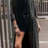 Clearance Dear-Lover Sequin 3/4 Sleeve Open Front Duster Kimono Black