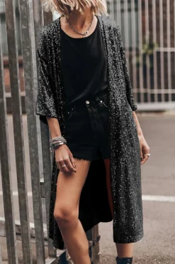Clearance Dear-Lover Sequin 3/4 Sleeve Open Front Duster Kimono Black