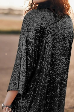 Clearance Dear-Lover Sequin 3/4 Sleeve Open Front Duster Kimono Black