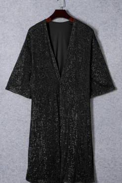 Clearance Dear-Lover Sequin 3/4 Sleeve Open Front Duster Kimono Black