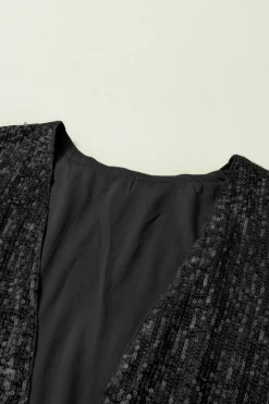Clearance Dear-Lover Sequin 3/4 Sleeve Open Front Duster Kimono Black