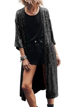 Clearance Dear-Lover Sequin 3/4 Sleeve Open Front Duster Kimono Black