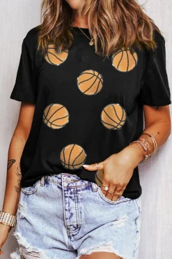New Dear-Lover Sequin Basketball Graphic Crewneck Game Day T Shirt Black