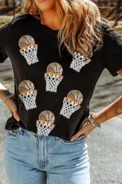 Outlet Dear-Lover Sequin Basketball Patched Graphic Game Day T Shirt Black