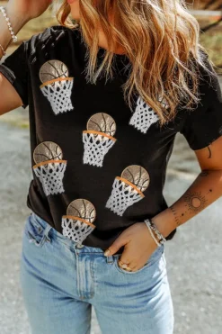 Outlet Dear-Lover Sequin Basketball Patched Graphic Game Day T Shirt Black