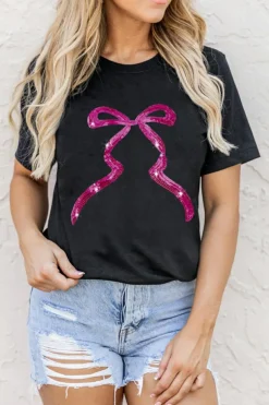 Clearance Dear-Lover Sequin Bow Ribbon Graphic T Shirt Black