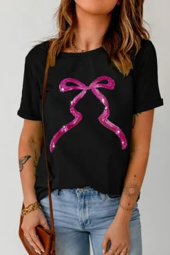 Clearance Dear-Lover Sequin Bow Ribbon Graphic T Shirt Black