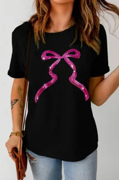 Clearance Dear-Lover Sequin Bow Ribbon Graphic T Shirt Black